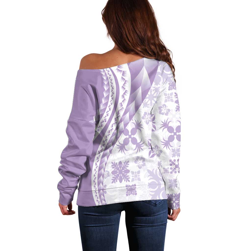 Purple Hawaiian Quilt Pattern Off Shoulder Sweater Mixed Polynesian Tribal Arty