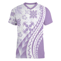 Purple Hawaiian Quilt Pattern Women V-Neck T-Shirt Mixed Polynesian Tribal Arty LT9 Female Purple - Polynesian Pride
