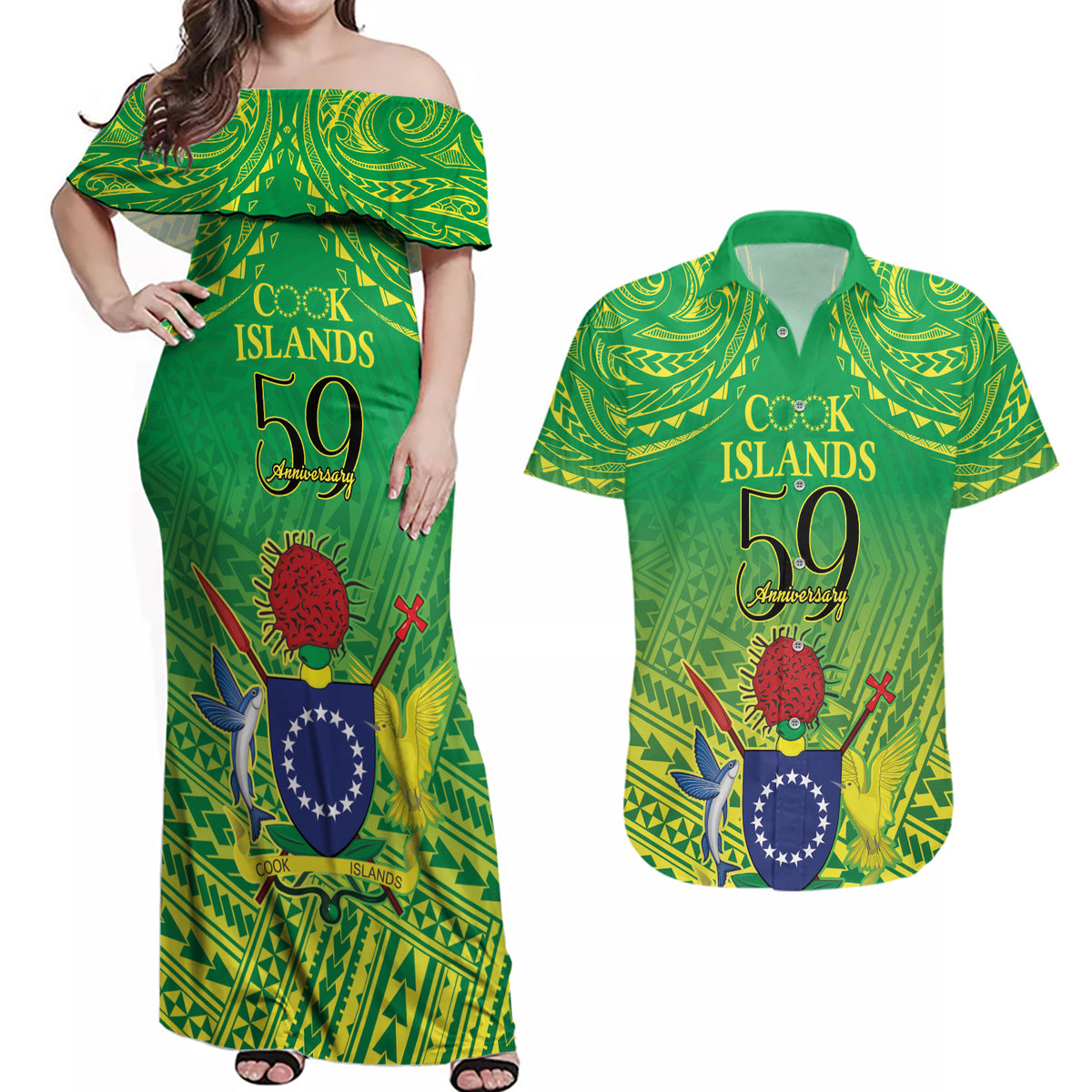 Cook Islands Constitution Day Couples Matching Off Shoulder Maxi Dress and Hawaiian Shirt Kuki Airani Since 1965 LT9 Green - Polynesian Pride