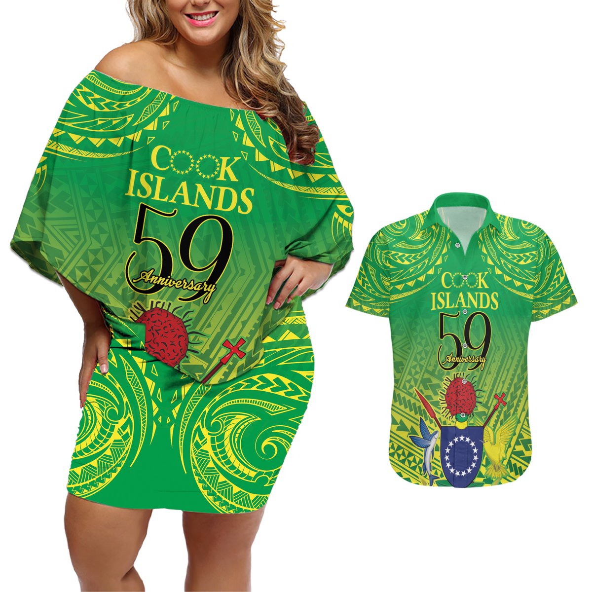 Cook Islands Constitution Day Couples Matching Off Shoulder Short Dress and Hawaiian Shirt Kuki Airani Since 1965 LT9 Green - Polynesian Pride