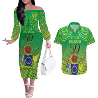 Cook Islands Constitution Day Couples Matching Off The Shoulder Long Sleeve Dress and Hawaiian Shirt Kuki Airani Since 1965 LT9 Green - Polynesian Pride