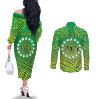 Cook Islands Constitution Day Couples Matching Off The Shoulder Long Sleeve Dress and Long Sleeve Button Shirt Kuki Airani Since 1965 LT9 - Polynesian Pride