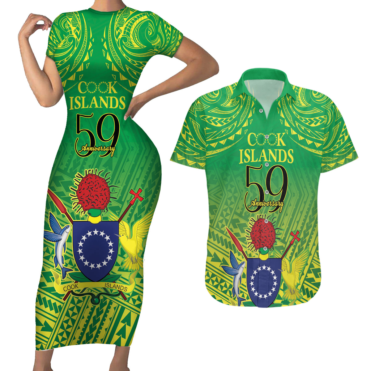 Cook Islands Constitution Day Couples Matching Short Sleeve Bodycon Dress and Hawaiian Shirt Kuki Airani Since 1965 LT9 Green - Polynesian Pride