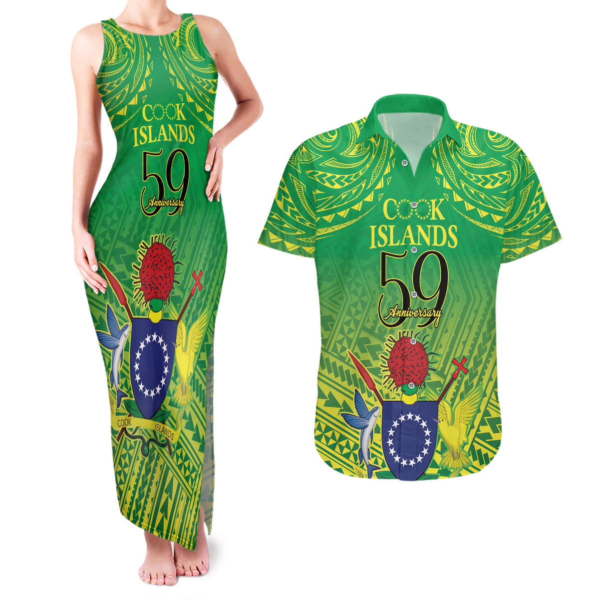 Cook Islands Constitution Day Couples Matching Tank Maxi Dress and Hawaiian Shirt Kuki Airani Since 1965 LT9 Green - Polynesian Pride
