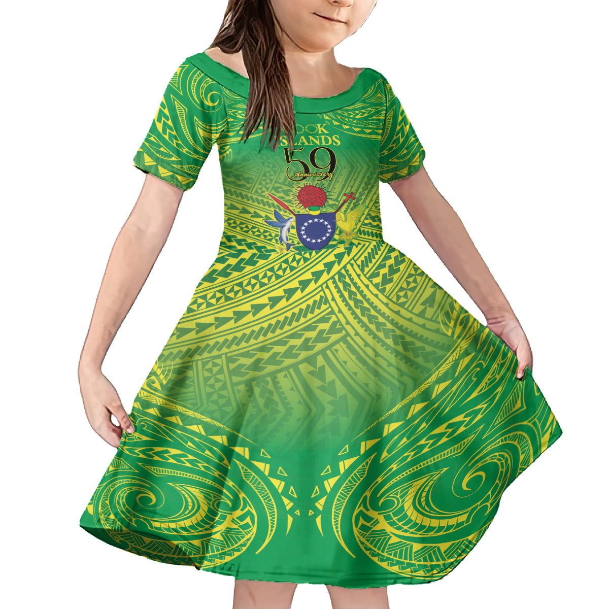 Cook Islands Constitution Day Family Matching Off The Shoulder Long Sleeve Dress and Hawaiian Shirt Kuki Airani Since 1965 LT9 Daughter's Dress Green - Polynesian Pride