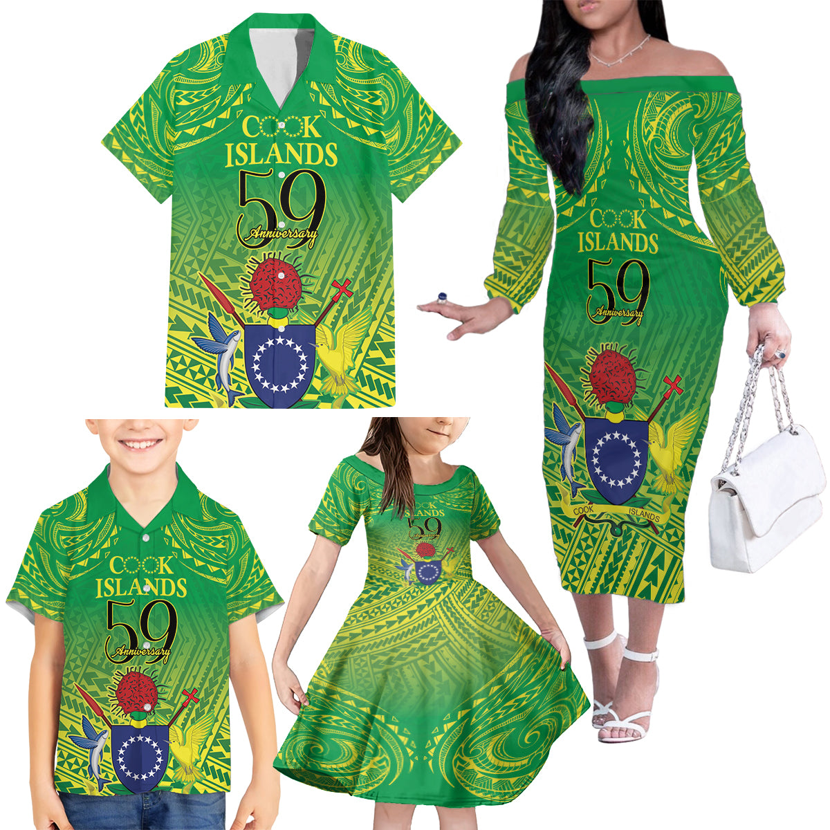 Cook Islands Constitution Day Family Matching Off The Shoulder Long Sleeve Dress and Hawaiian Shirt Kuki Airani Since 1965 LT9 - Polynesian Pride