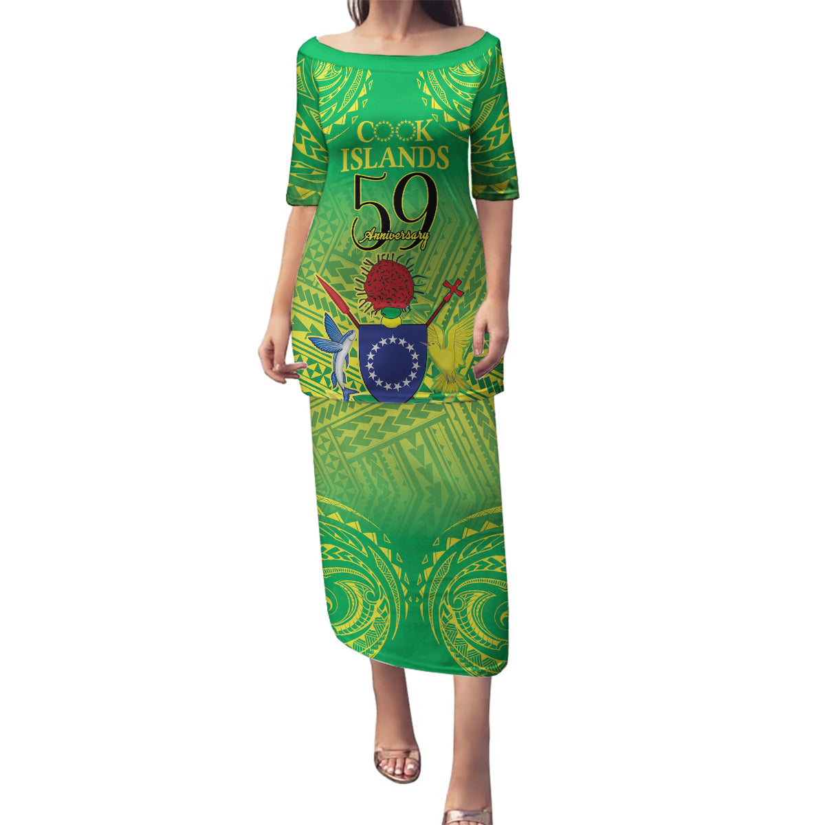 Cook Islands Constitution Day Family Matching Puletasi and Hawaiian Shirt Kuki Airani Since 1965 LT9 Mom's Dress Green - Polynesian Pride
