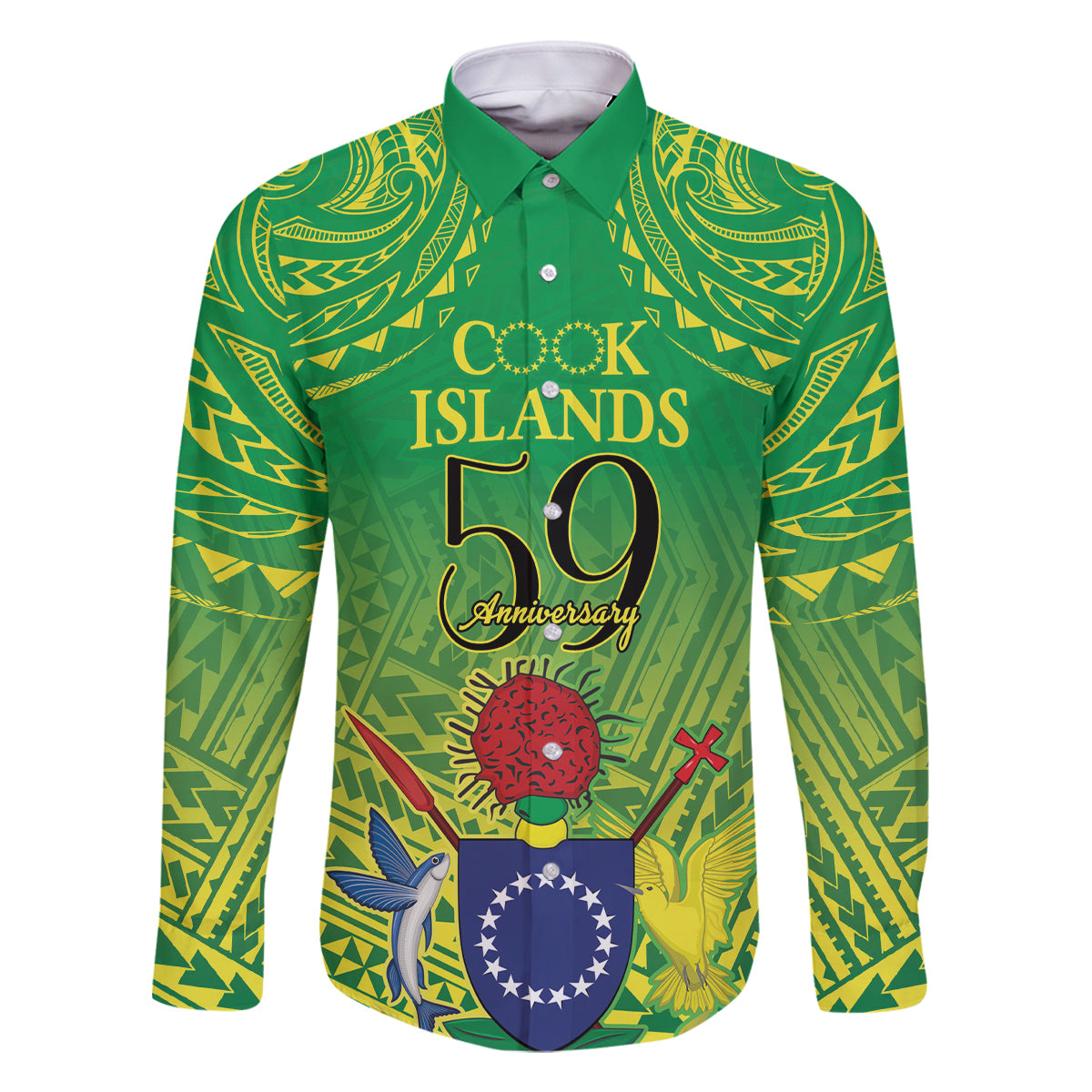 Cook Islands Constitution Day Family Matching Summer Maxi Dress and Hawaiian Shirt Kuki Airani Since 1965 LT9 Dad's Shirt - Long Sleeve Green - Polynesian Pride