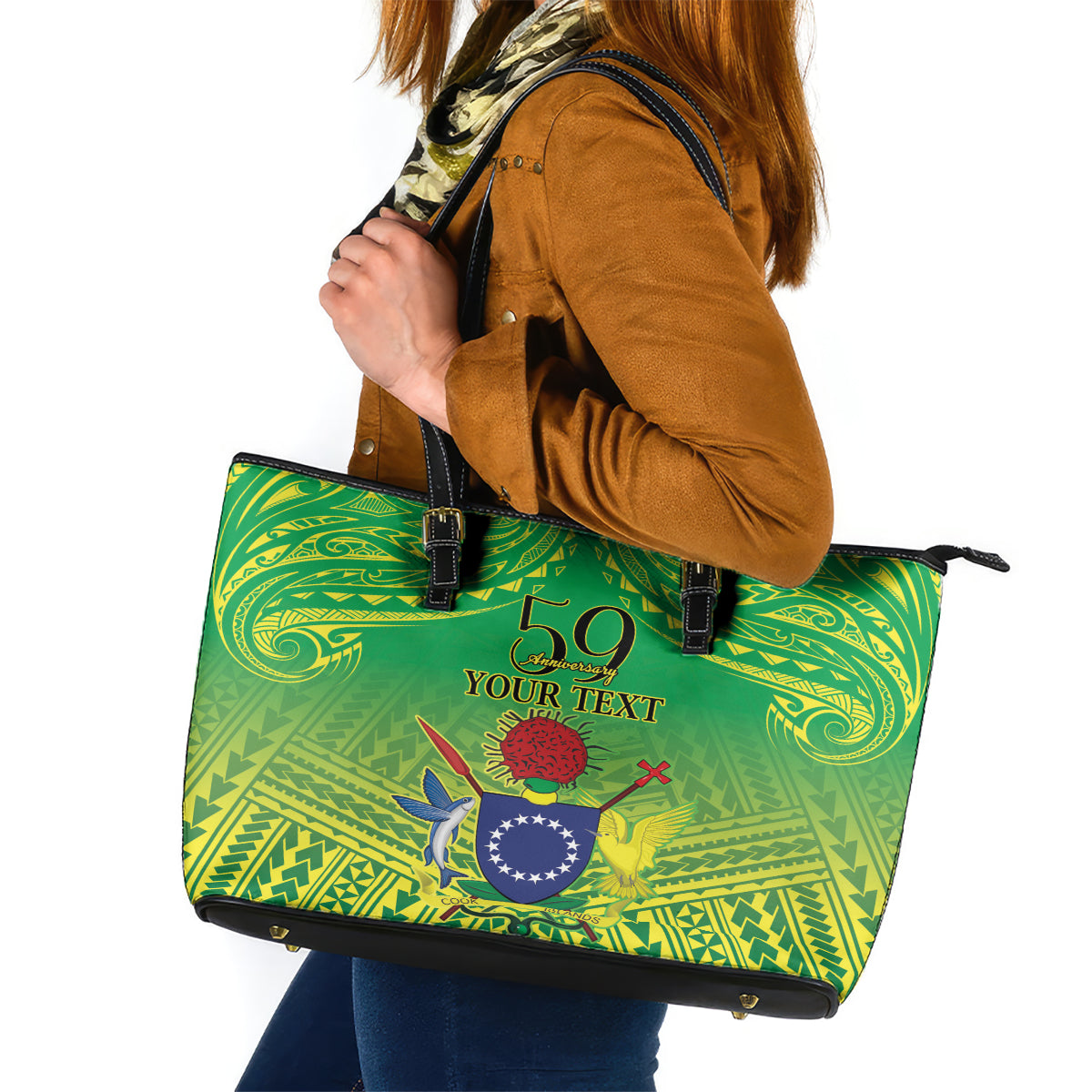 Cook Islands Constitution Day Leather Tote Bag Kuki Airani Since 1965 LT9 Green - Polynesian Pride