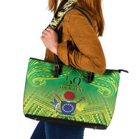 Cook Islands Constitution Day Leather Tote Bag Kuki Airani Since 1965 LT9 Green - Polynesian Pride