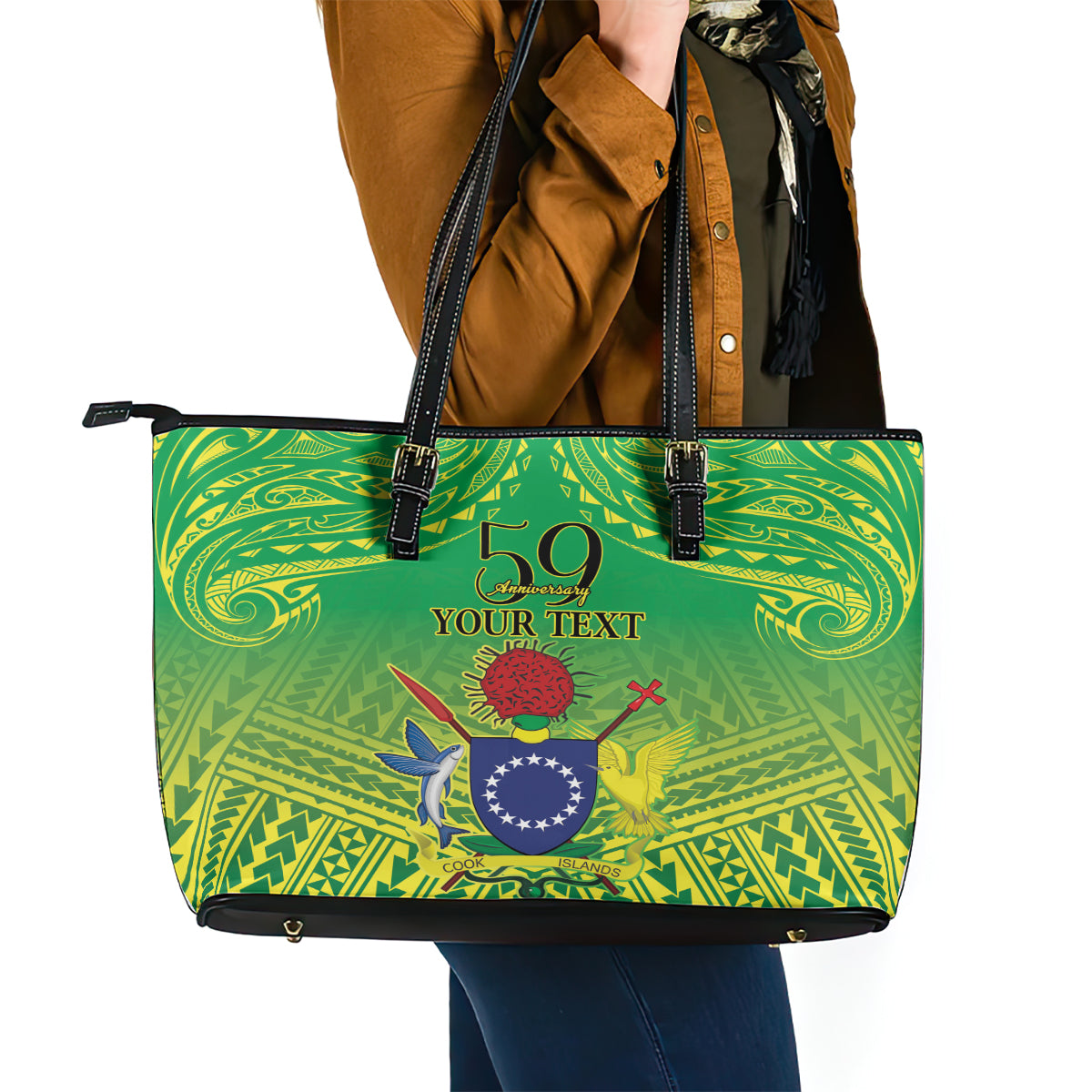 Cook Islands Constitution Day Leather Tote Bag Kuki Airani Since 1965 LT9 - Polynesian Pride