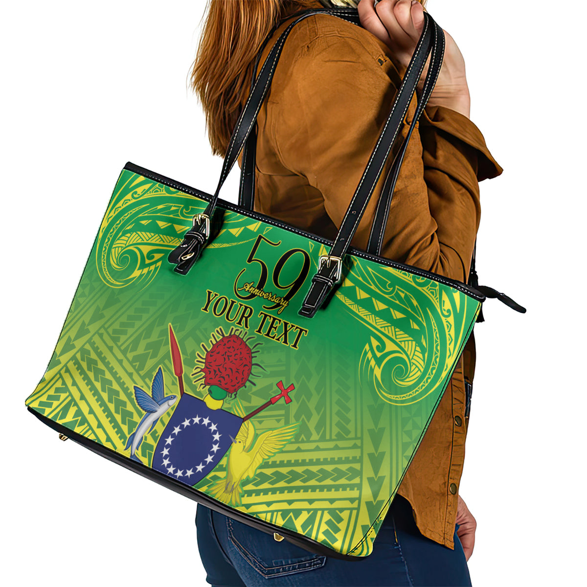 Cook Islands Constitution Day Leather Tote Bag Kuki Airani Since 1965 LT9 - Polynesian Pride