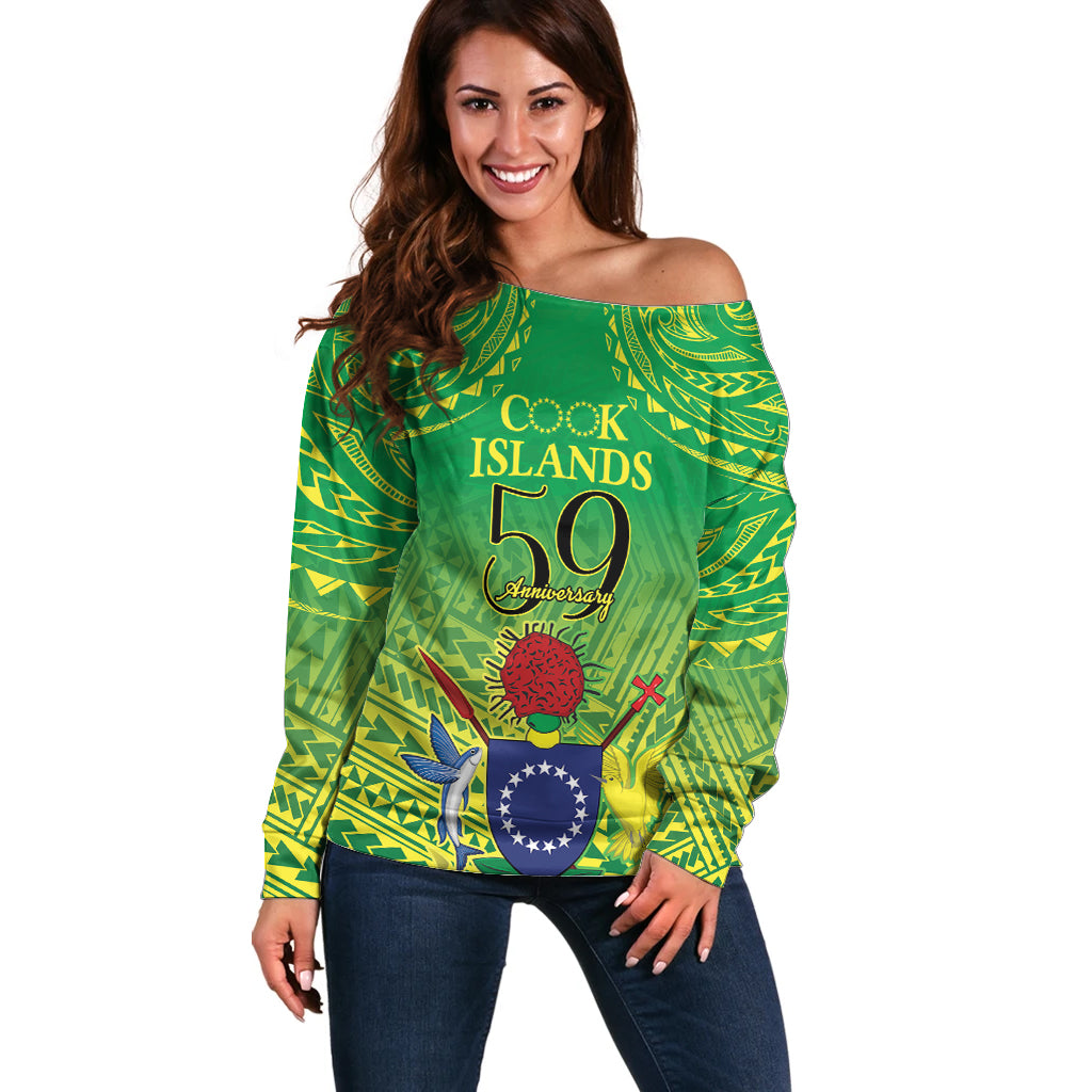 Cook Islands Constitution Day Off Shoulder Sweater Kuki Airani Since 1965 LT9 Women Green - Polynesian Pride