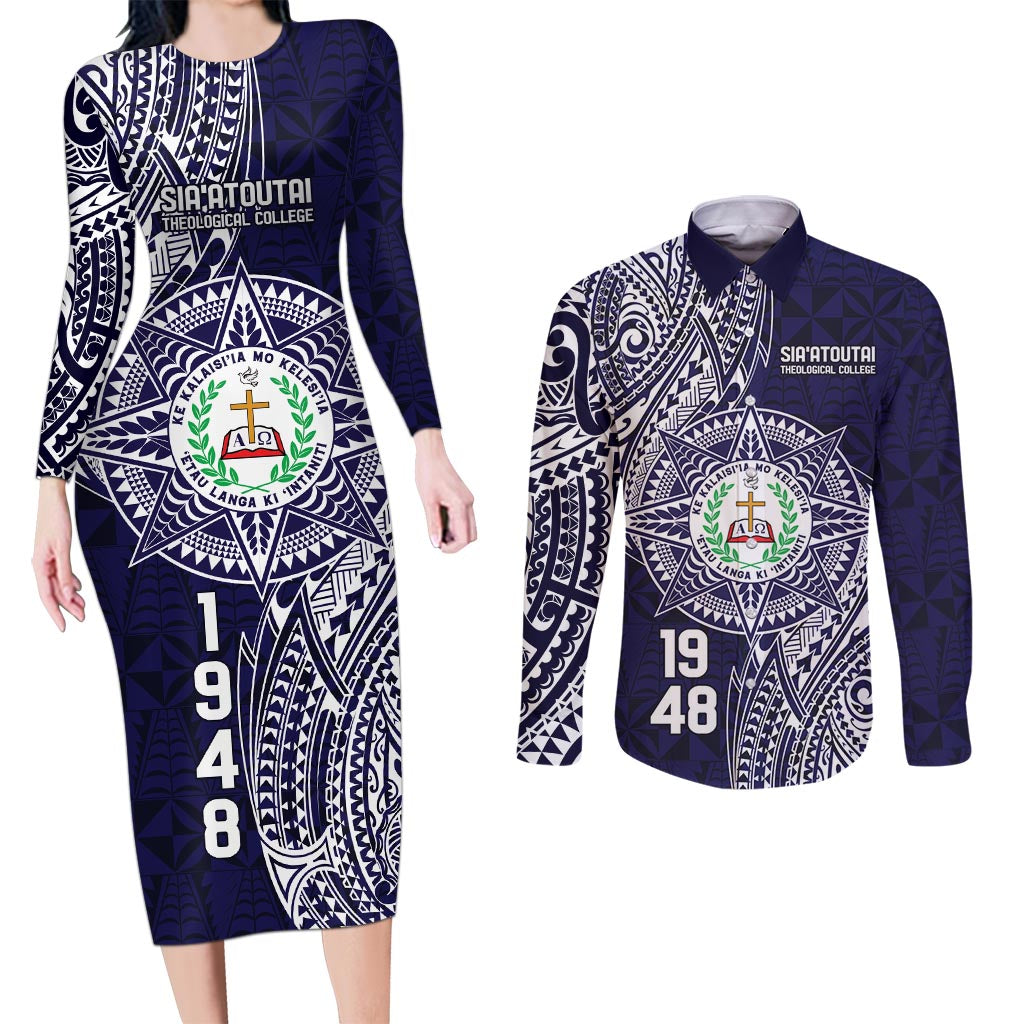 Personalised Tonga Sia'atoutai Theological College Couples Matching Long Sleeve Bodycon Dress and Long Sleeve Button Shirt Since 1948 Special Kupesi Pattern LT9 Navy - Polynesian Pride