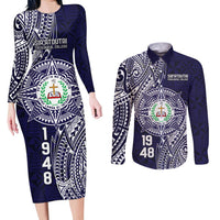 Personalised Tonga Sia'atoutai Theological College Couples Matching Long Sleeve Bodycon Dress and Long Sleeve Button Shirt Since 1948 Special Kupesi Pattern LT9 Navy - Polynesian Pride
