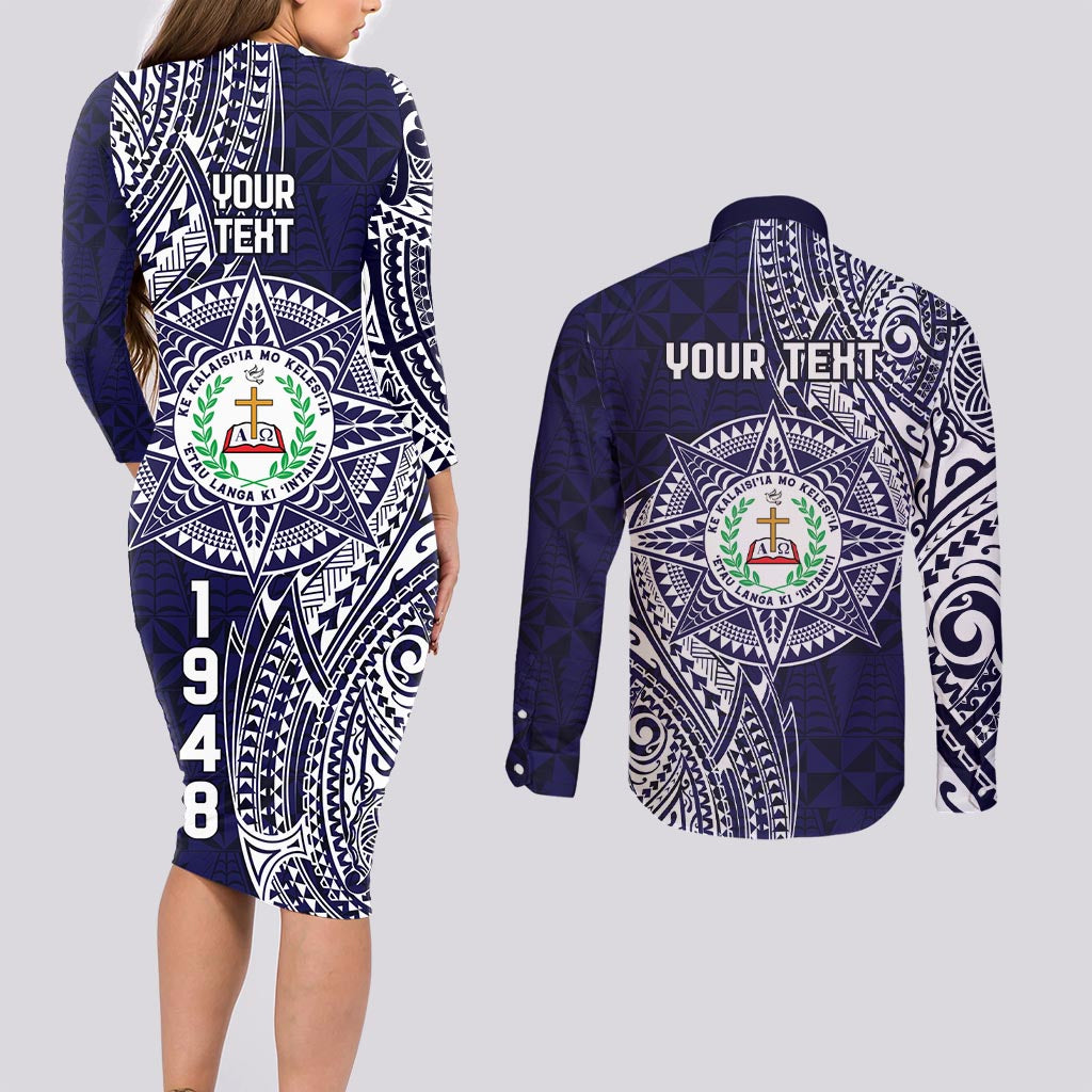 Personalised Tonga Sia'atoutai Theological College Couples Matching Long Sleeve Bodycon Dress and Long Sleeve Button Shirt Since 1948 Special Kupesi Pattern LT9 - Polynesian Pride