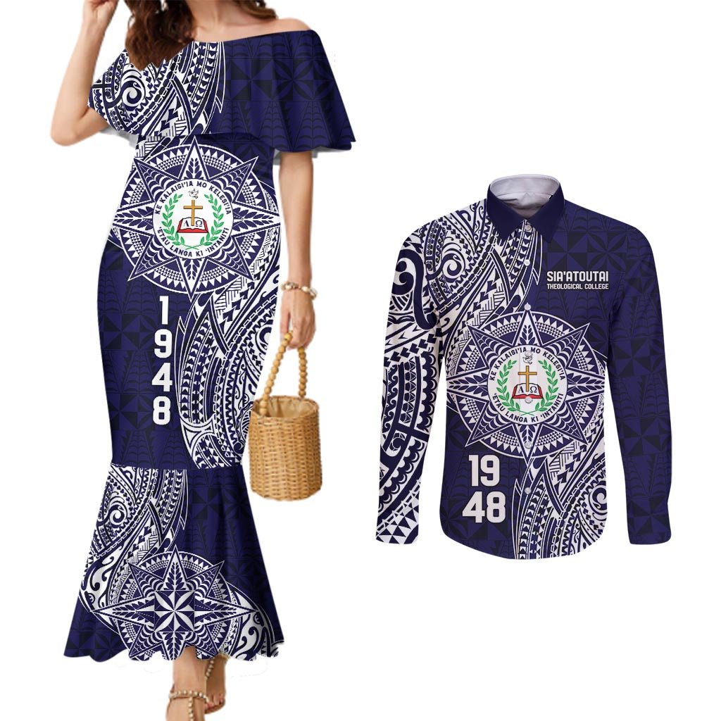 Personalised Tonga Sia'atoutai Theological College Couples Matching Mermaid Dress and Long Sleeve Button Shirt Since 1948 Special Kupesi Pattern LT9 Navy - Polynesian Pride