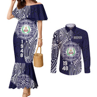Personalised Tonga Sia'atoutai Theological College Couples Matching Mermaid Dress and Long Sleeve Button Shirt Since 1948 Special Kupesi Pattern LT9 Navy - Polynesian Pride