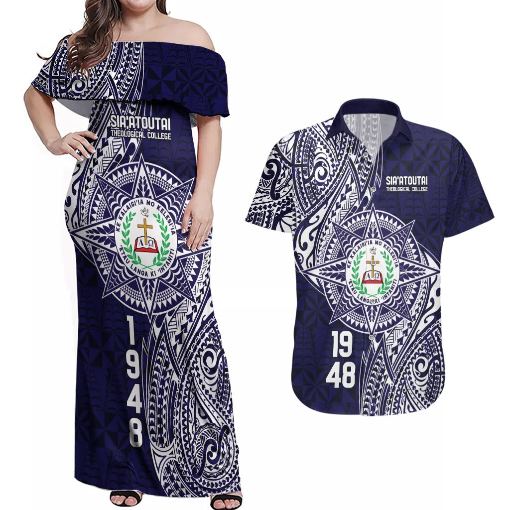 Personalised Tonga Sia'atoutai Theological College Couples Matching Off Shoulder Maxi Dress and Hawaiian Shirt Since 1948 Special Kupesi Pattern LT9 Navy - Polynesian Pride