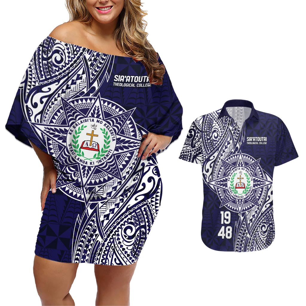 Personalised Tonga Sia'atoutai Theological College Couples Matching Off Shoulder Short Dress and Hawaiian Shirt Since 1948 Special Kupesi Pattern LT9 Navy - Polynesian Pride
