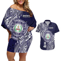 Personalised Tonga Sia'atoutai Theological College Couples Matching Off Shoulder Short Dress and Hawaiian Shirt Since 1948 Special Kupesi Pattern LT9 Navy - Polynesian Pride