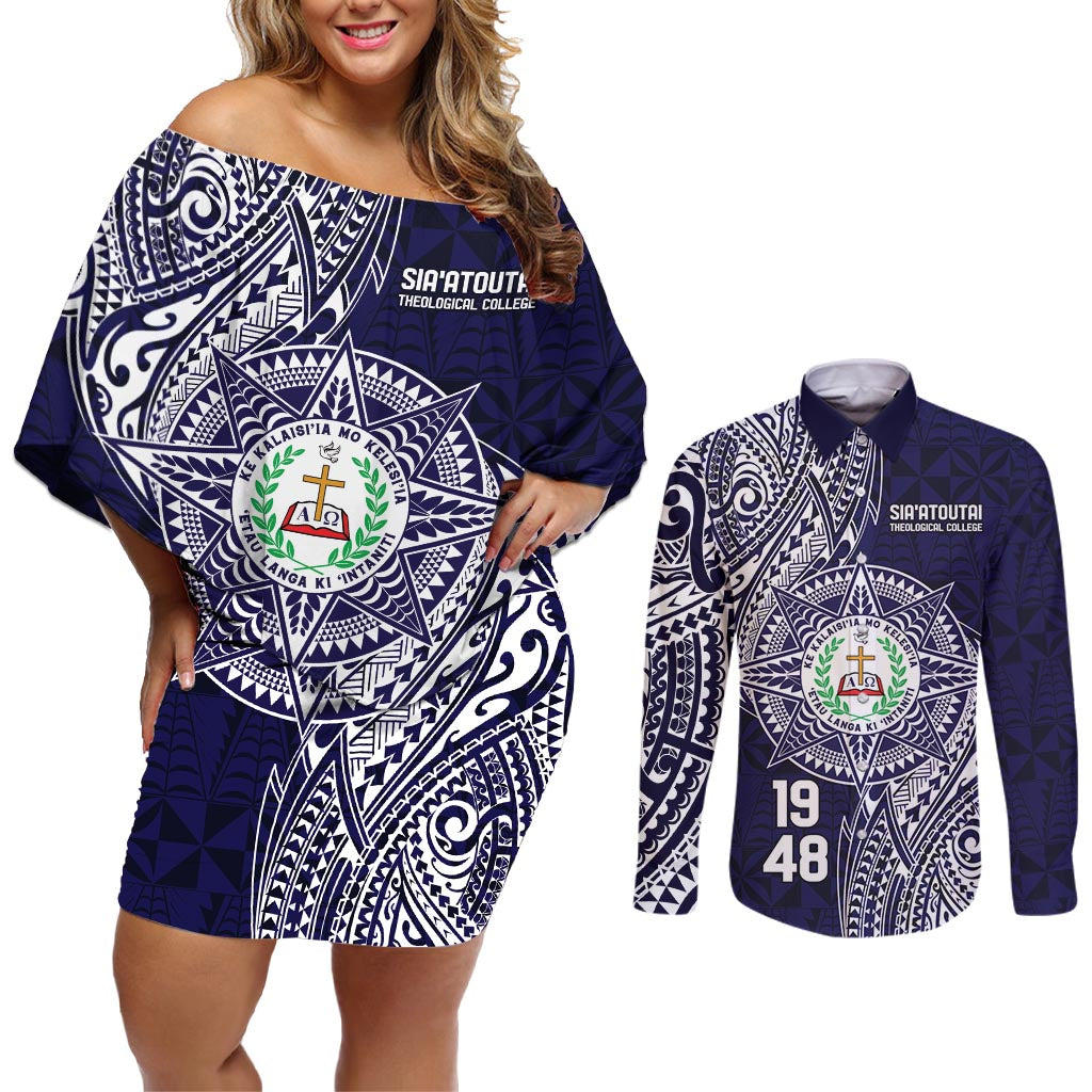 Personalised Tonga Sia'atoutai Theological College Couples Matching Off Shoulder Short Dress and Long Sleeve Button Shirt Since 1948 Special Kupesi Pattern LT9 Navy - Polynesian Pride