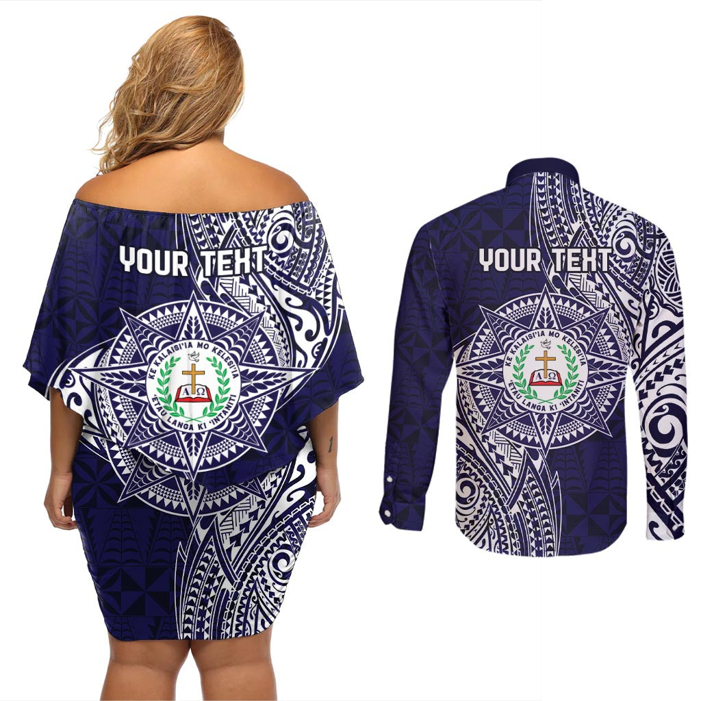 Personalised Tonga Sia'atoutai Theological College Couples Matching Off Shoulder Short Dress and Long Sleeve Button Shirt Since 1948 Special Kupesi Pattern LT9 - Polynesian Pride