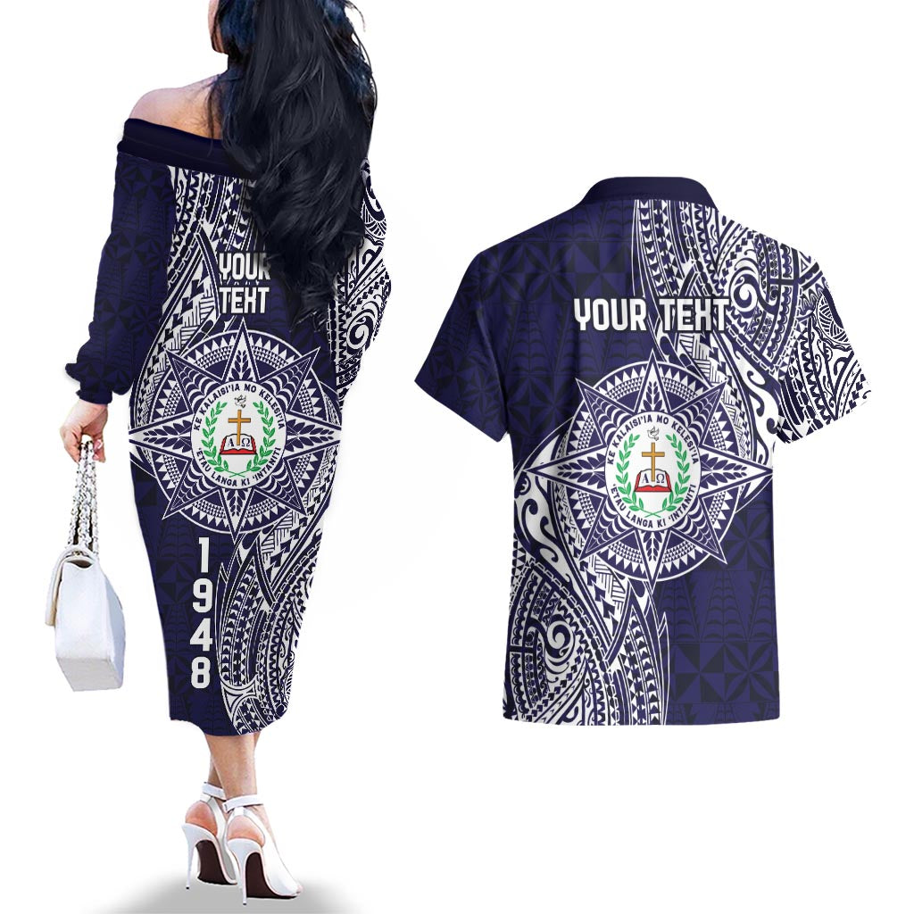 Personalised Tonga Sia'atoutai Theological College Couples Matching Off The Shoulder Long Sleeve Dress and Hawaiian Shirt Since 1948 Special Kupesi Pattern LT9 - Polynesian Pride