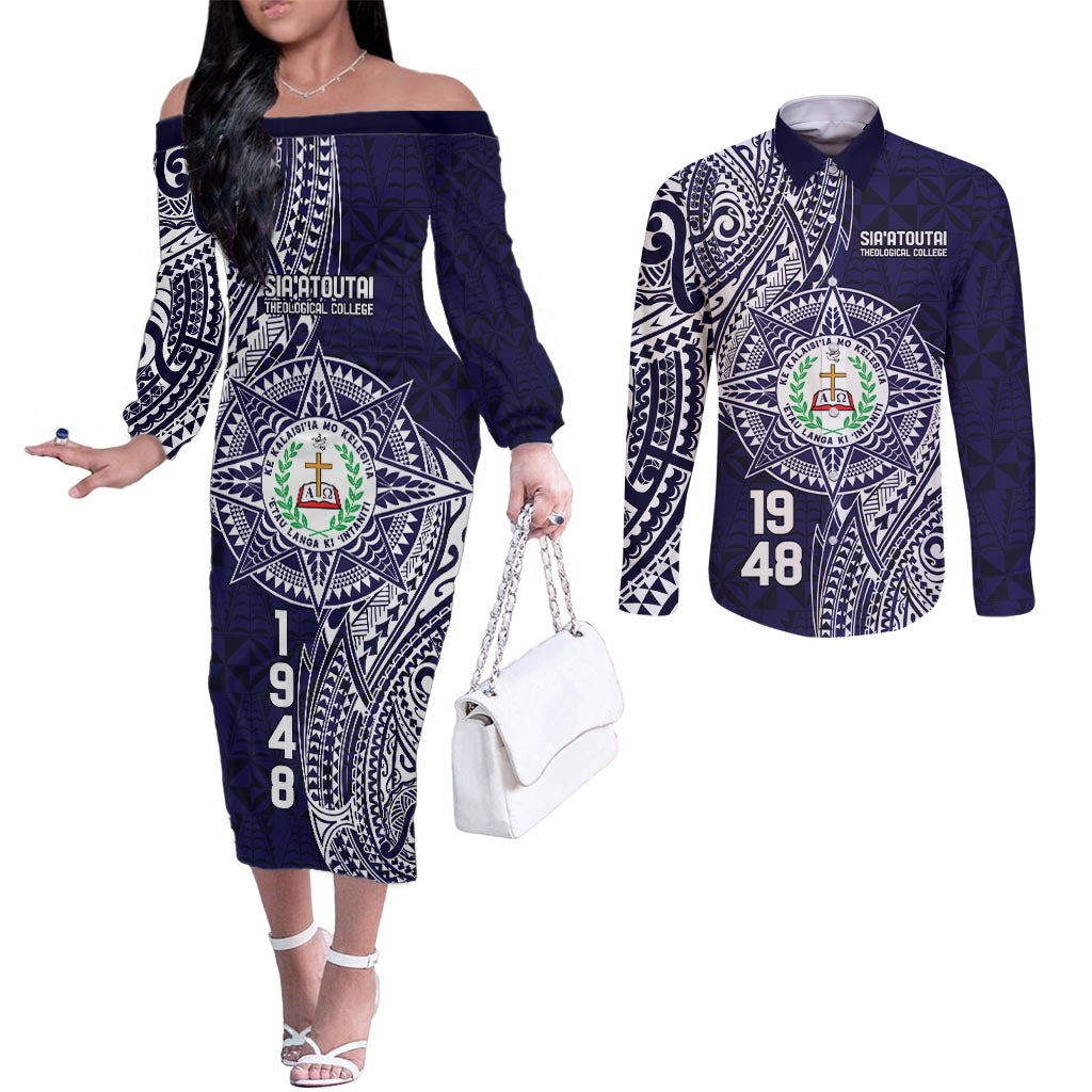 Personalised Tonga Sia'atoutai Theological College Couples Matching Off The Shoulder Long Sleeve Dress and Long Sleeve Button Shirt Since 1948 Special Kupesi Pattern LT9 Navy - Polynesian Pride