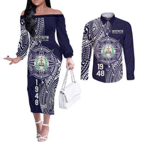 Personalised Tonga Sia'atoutai Theological College Couples Matching Off The Shoulder Long Sleeve Dress and Long Sleeve Button Shirt Since 1948 Special Kupesi Pattern LT9 Navy - Polynesian Pride