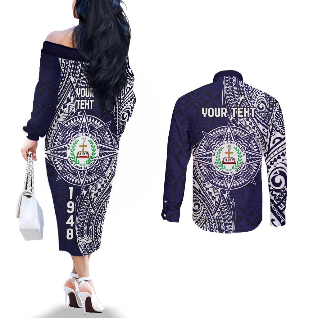 Personalised Tonga Sia'atoutai Theological College Couples Matching Off The Shoulder Long Sleeve Dress and Long Sleeve Button Shirt Since 1948 Special Kupesi Pattern LT9 - Polynesian Pride