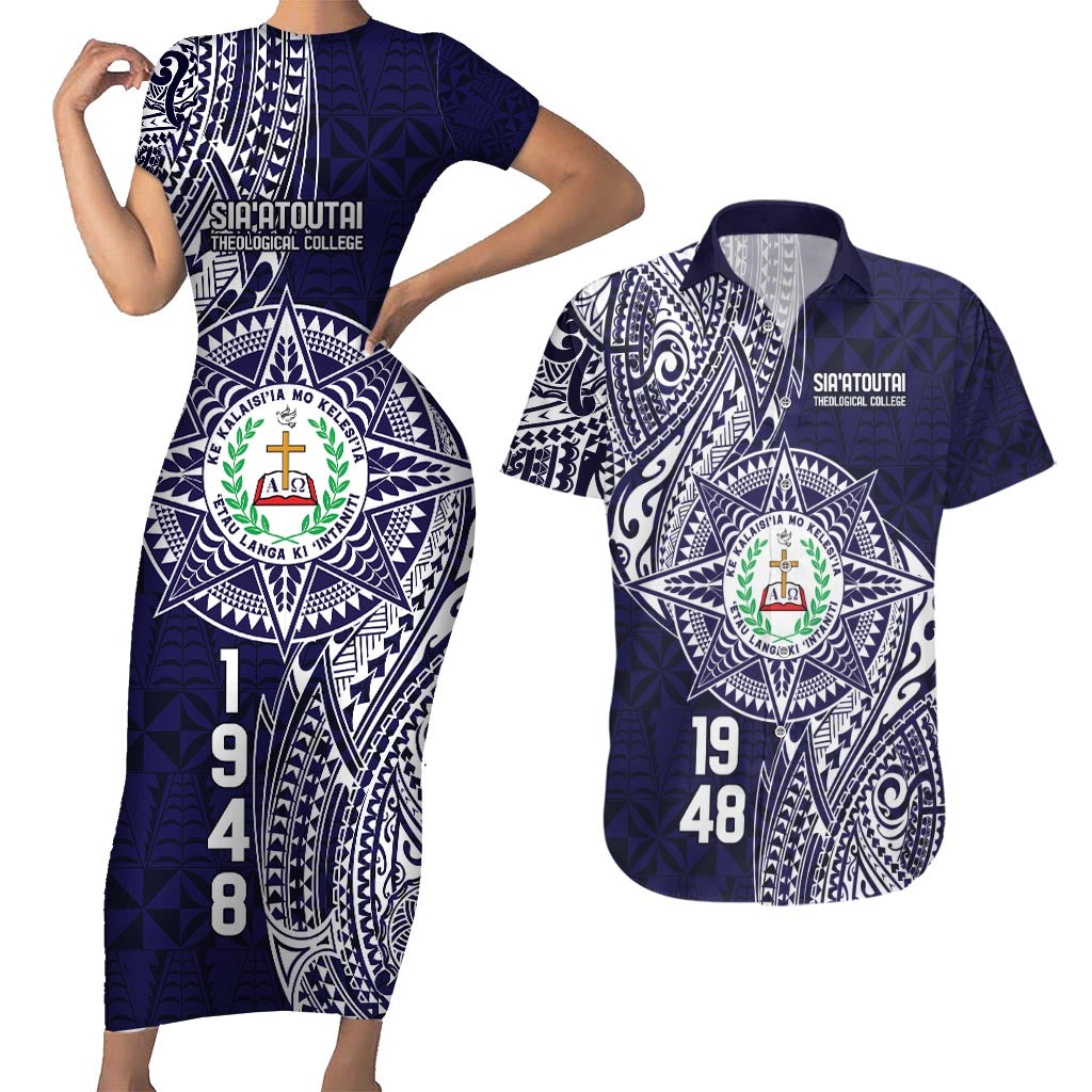 Personalised Tonga Sia'atoutai Theological College Couples Matching Short Sleeve Bodycon Dress and Hawaiian Shirt Since 1948 Special Kupesi Pattern LT9 Navy - Polynesian Pride