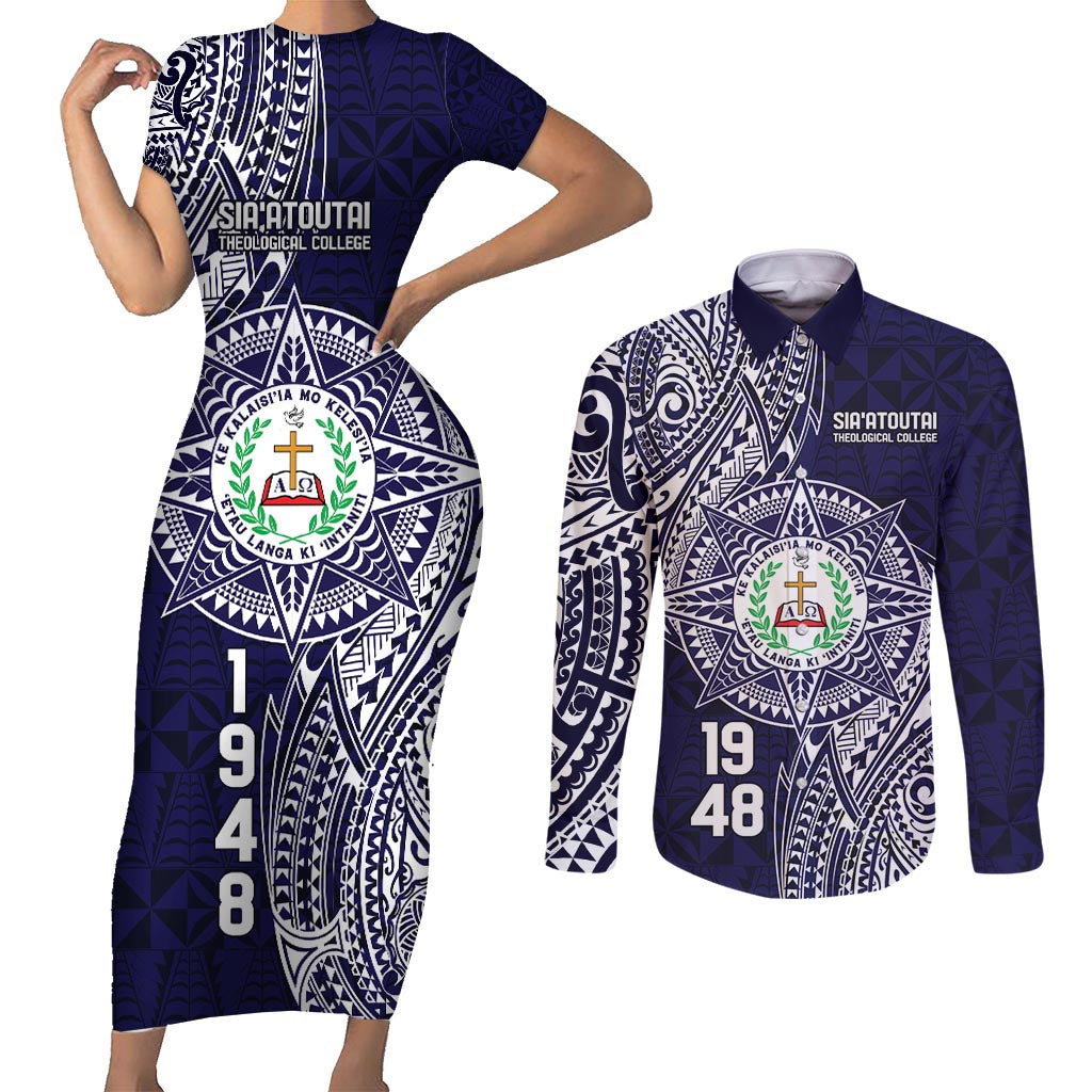 Personalised Tonga Sia'atoutai Theological College Couples Matching Short Sleeve Bodycon Dress and Long Sleeve Button Shirt Since 1948 Special Kupesi Pattern LT9 Navy - Polynesian Pride