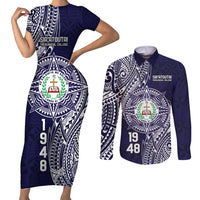 Personalised Tonga Sia'atoutai Theological College Couples Matching Short Sleeve Bodycon Dress and Long Sleeve Button Shirt Since 1948 Special Kupesi Pattern LT9 Navy - Polynesian Pride