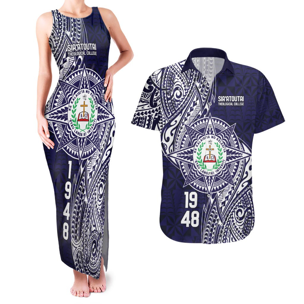 Personalised Tonga Sia'atoutai Theological College Couples Matching Tank Maxi Dress and Hawaiian Shirt Since 1948 Special Kupesi Pattern LT9 Navy - Polynesian Pride