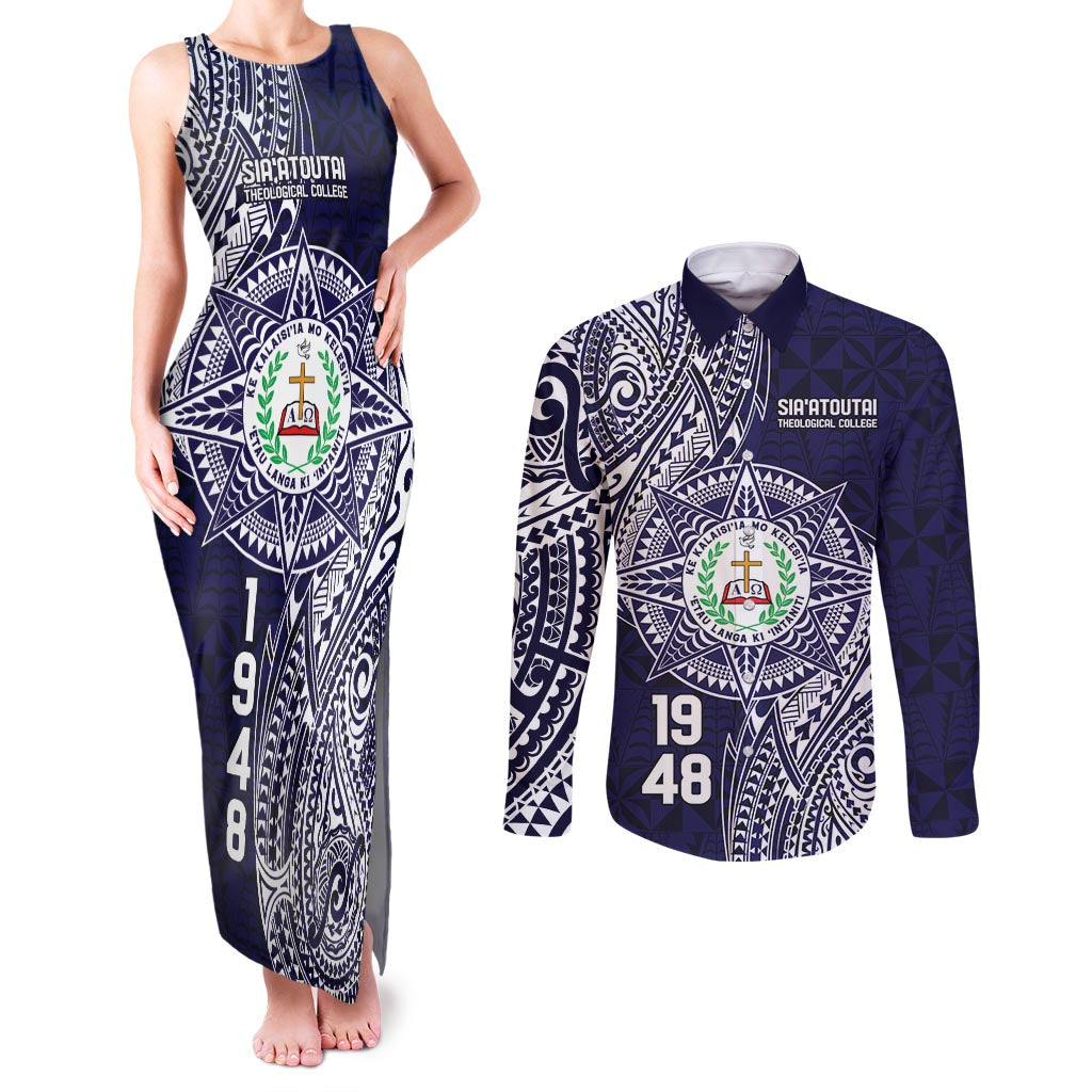 Personalised Tonga Sia'atoutai Theological College Couples Matching Tank Maxi Dress and Long Sleeve Button Shirt Since 1948 Special Kupesi Pattern LT9 Navy - Polynesian Pride