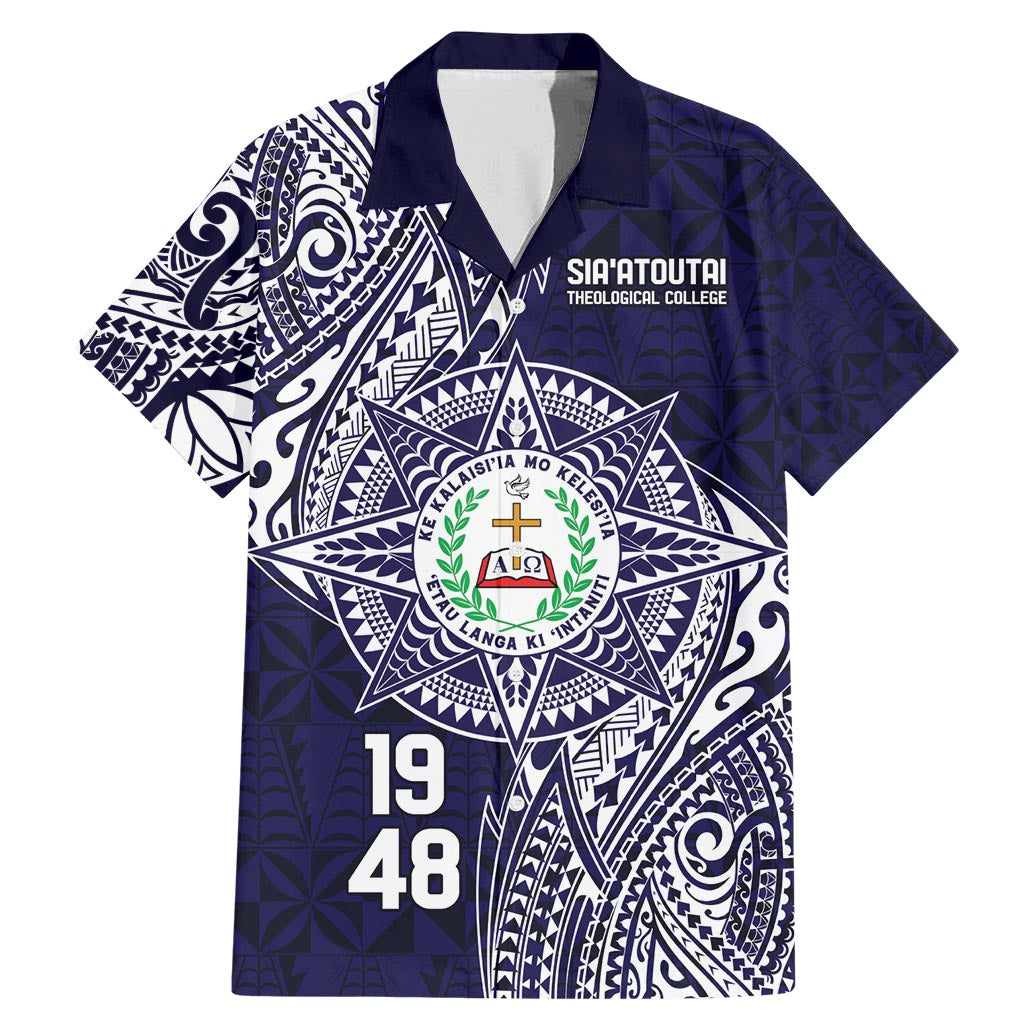 Personalised Tonga Sia'atoutai Theological College Family Matching Mermaid Dress and Hawaiian Shirt Since 1948 Special Kupesi Pattern LT9 Dad's Shirt - Short Sleeve Navy - Polynesian Pride