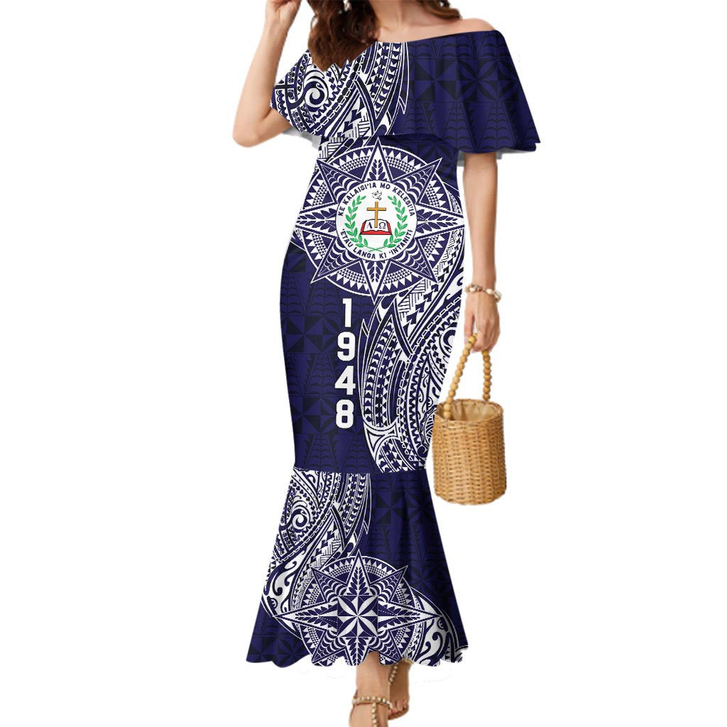 Personalised Tonga Sia'atoutai Theological College Family Matching Mermaid Dress and Hawaiian Shirt Since 1948 Special Kupesi Pattern LT9 Mom's Dress Navy - Polynesian Pride