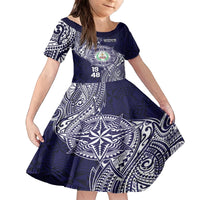 Personalised Tonga Sia'atoutai Theological College Family Matching Off The Shoulder Long Sleeve Dress and Hawaiian Shirt Since 1948 Special Kupesi Pattern LT9 Daughter's Dress Navy - Polynesian Pride