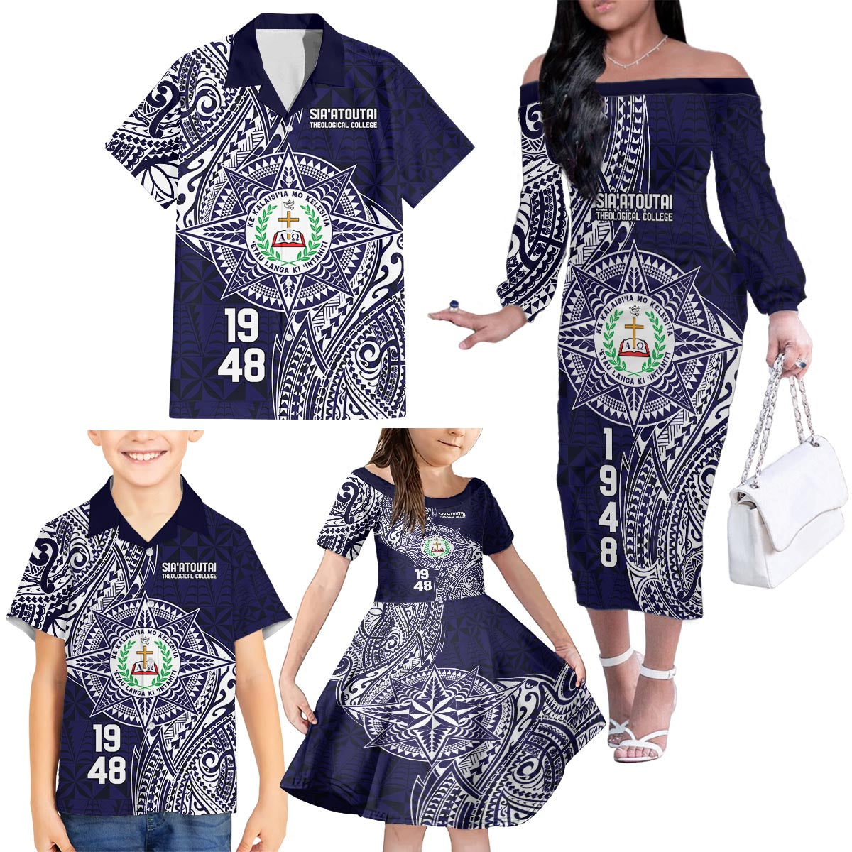 Personalised Tonga Sia'atoutai Theological College Family Matching Off The Shoulder Long Sleeve Dress and Hawaiian Shirt Since 1948 Special Kupesi Pattern LT9 - Polynesian Pride
