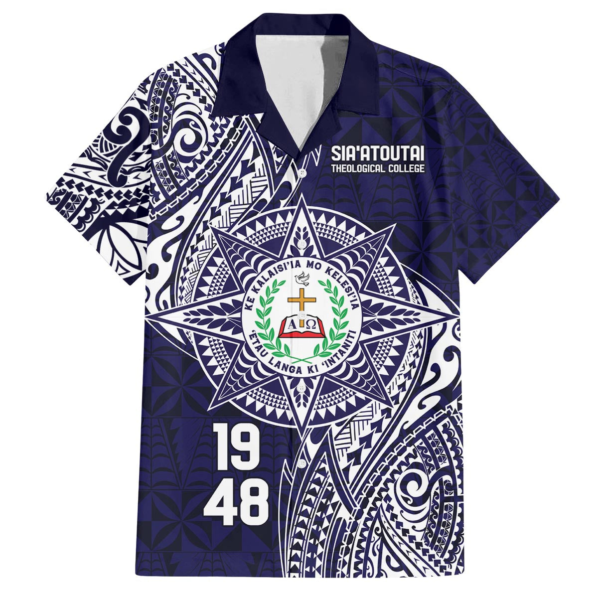 Personalised Tonga Sia'atoutai Theological College Family Matching Off The Shoulder Long Sleeve Dress and Hawaiian Shirt Since 1948 Special Kupesi Pattern LT9 Dad's Shirt - Short Sleeve Navy - Polynesian Pride