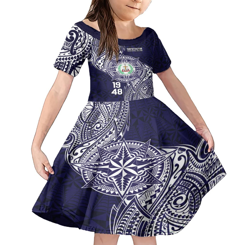 Personalised Tonga Sia'atoutai Theological College Family Matching Off Shoulder Maxi Dress and Hawaiian Shirt Since 1948 Special Kupesi Pattern LT9 Daughter's Dress Navy - Polynesian Pride