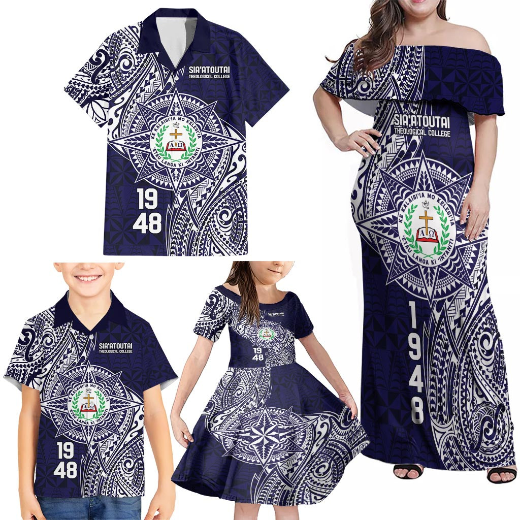Personalised Tonga Sia'atoutai Theological College Family Matching Off Shoulder Maxi Dress and Hawaiian Shirt Since 1948 Special Kupesi Pattern LT9 - Polynesian Pride
