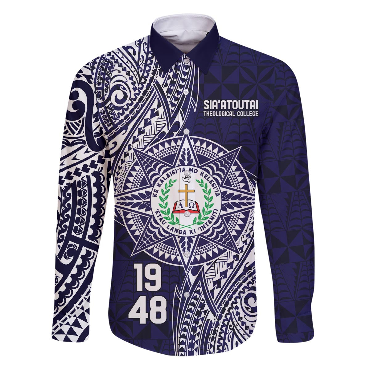Personalised Tonga Sia'atoutai Theological College Family Matching Puletasi and Hawaiian Shirt Since 1948 Special Kupesi Pattern LT9 Dad's Shirt - Long Sleeve Navy - Polynesian Pride