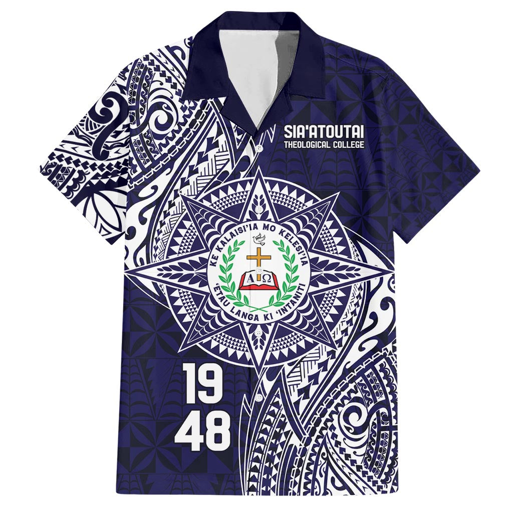Personalised Tonga Sia'atoutai Theological College Family Matching Short Sleeve Bodycon Dress and Hawaiian Shirt Since 1948 Special Kupesi Pattern LT9 Dad's Shirt - Short Sleeve Navy - Polynesian Pride