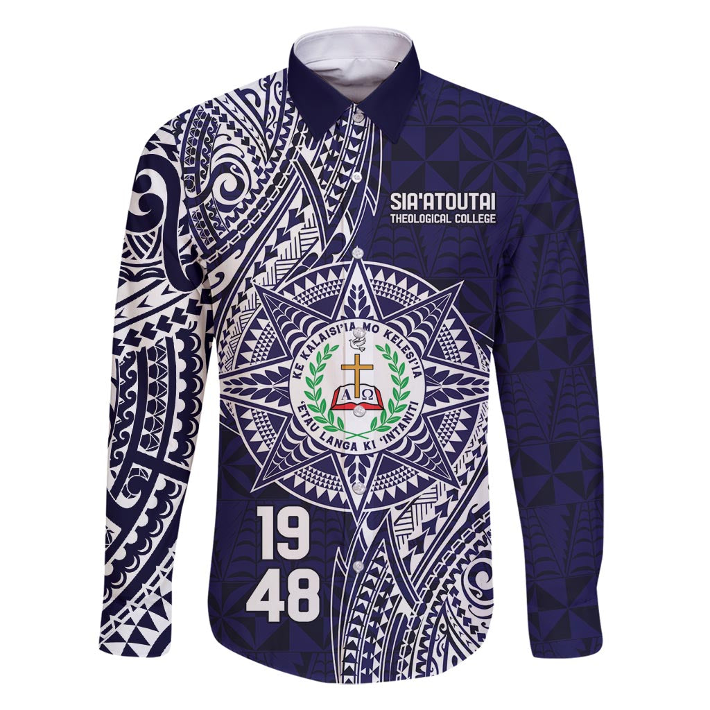 Personalised Tonga Sia'atoutai Theological College Family Matching Tank Maxi Dress and Hawaiian Shirt Since 1948 Special Kupesi Pattern LT9 Dad's Shirt - Long Sleeve Navy - Polynesian Pride