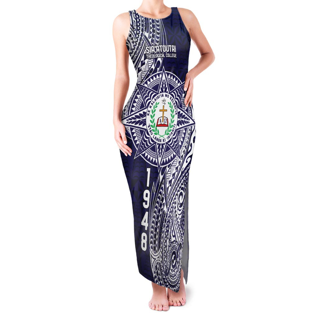 Personalised Tonga Sia'atoutai Theological College Family Matching Tank Maxi Dress and Hawaiian Shirt Since 1948 Special Kupesi Pattern LT9 Mom's Dress Navy - Polynesian Pride