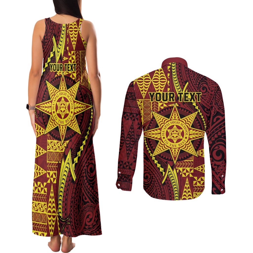 Personalised Tonga Haapai High School Couples Matching Tank Maxi Dress and Long Sleeve Button Shirt Special Kupesi Pattern LT9 - Polynesian Pride