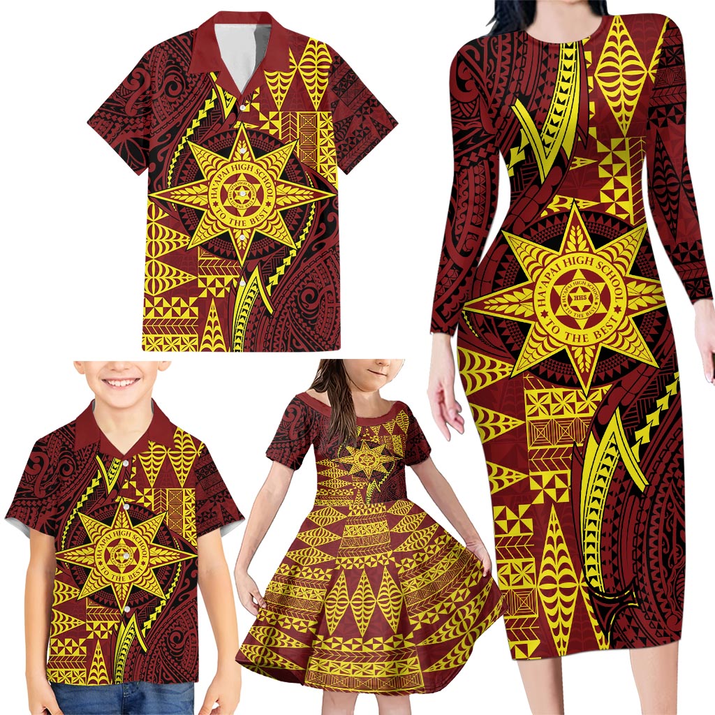 Personalised Tonga Haapai High School Family Matching Long Sleeve Bodycon Dress and Hawaiian Shirt Special Kupesi Pattern LT9 - Polynesian Pride
