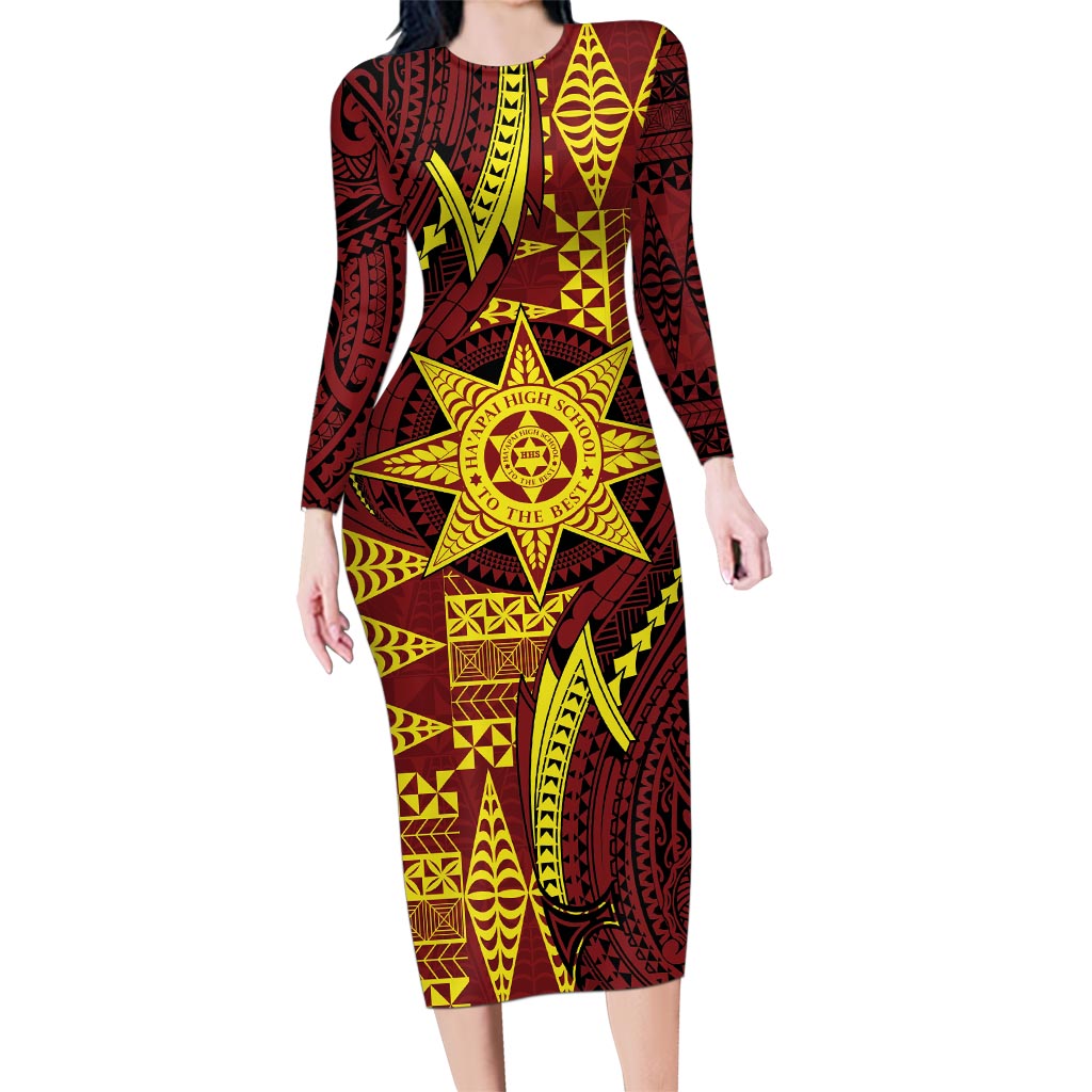 Personalised Tonga Haapai High School Family Matching Long Sleeve Bodycon Dress and Hawaiian Shirt Special Kupesi Pattern LT9 Mom's Dress Gold - Polynesian Pride